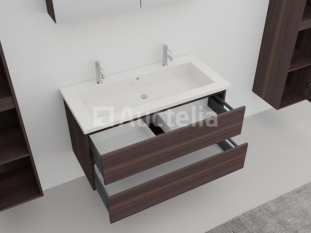 2-persoons badkamermeubel 100 cm donker hout decor - Incl. kranen – foto 6 – kavel bij Auctelia, Tholen