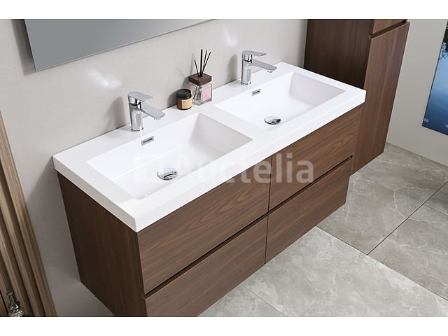 Badkamermeubel 120 cm - Donker hout decor + witte dubbele wasbak - Incl. kranen – foto 4 – kavel bij Auctelia, Tholen
