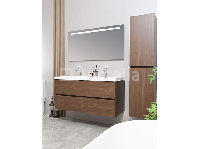 Badkamermeubel 120 cm - Donker hout decor + witte dubbele wasbak - Incl. kranen – foto 2 – kavel bij Auctelia, Tholen