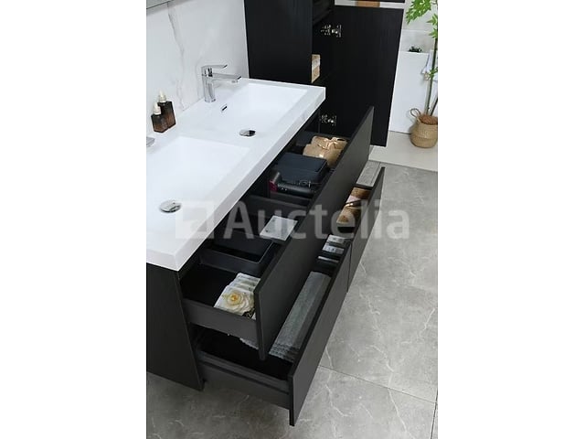 Badkamermeubel 120 cm - Donker hout decor + witte dubbele wasbak - Incl. kranen – foto 4 – kavel bij Auctelia, Tholen