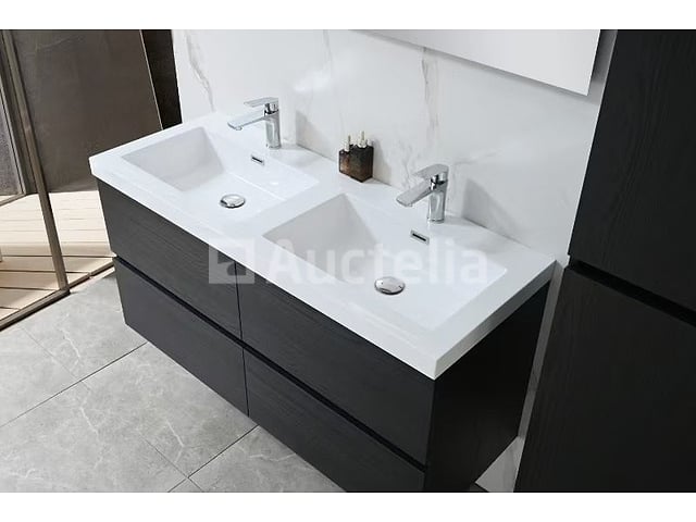Badkamermeubel 120 cm - Donker hout decor + witte dubbele wasbak - Incl. kranen – foto 3 – kavel bij Auctelia, Tholen