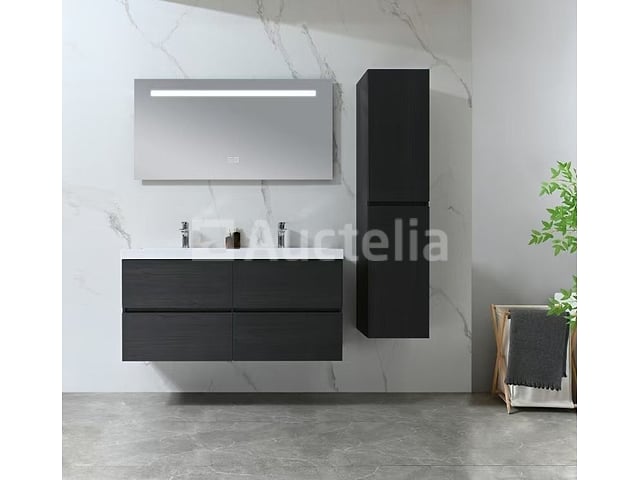 Badkamermeubel 120 cm - Donker hout decor + witte dubbele wasbak - Incl. kranen – foto 2 – kavel bij Auctelia, Tholen