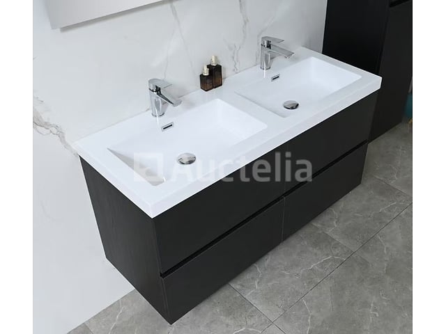 Badkamermeubel 120 cm - Donker hout decor + witte dubbele wasbak - Incl. kranen – foto 5 – kavel bij Auctelia, Tholen