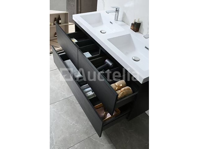 Badkamermeubel 120 cm - Donker hout decor + witte dubbele wasbak - Incl. kranen – foto 6 – kavel bij Auctelia, Tholen