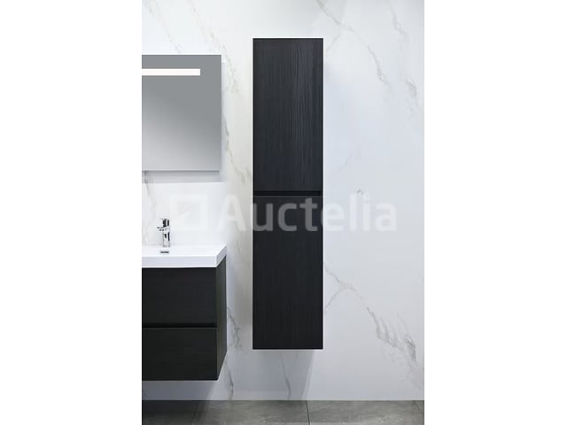 Badkamermeubel 120 cm - Donker hout decor + witte dubbele wasbak - Incl. kranen – foto 8 – kavel bij Auctelia, Tholen
