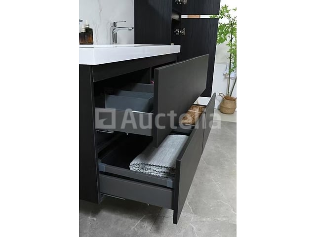 Badkamermeubel 120 cm - Donker hout decor + witte dubbele wasbak - Incl. kranen – foto 7 – kavel bij Auctelia, Tholen