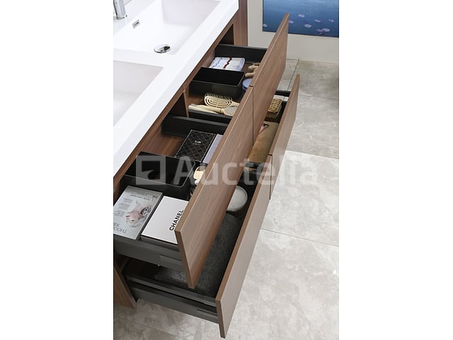 Badkamermeubel 120 cm - Donker hout decor + witte dubbele wasbak - Incl. kranen – foto 5 – kavel bij Auctelia, Tholen