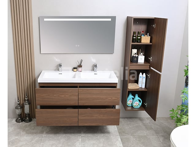 Badkamermeubel 120 cm - Donker hout decor + witte dubbele wasbak - Incl. kranen – foto 3 – kavel bij Auctelia, Tholen