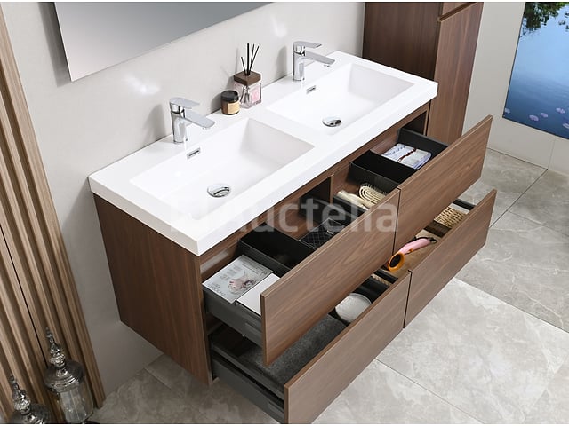 Badkamermeubel 120 cm - Donker hout decor + witte dubbele wasbak - Incl. kranen – foto 6 – kavel bij Auctelia, Tholen
