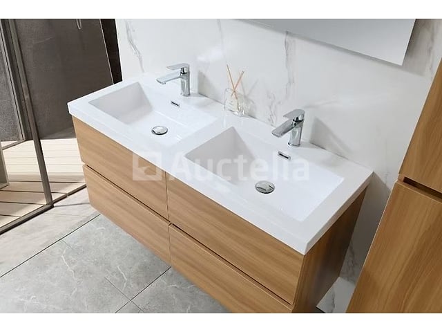 Badkamermeubel 120 cm - Licht hout decor + witte dubbele wasbak - Incl. kranen – foto 3 – kavel bij Auctelia, Tholen
