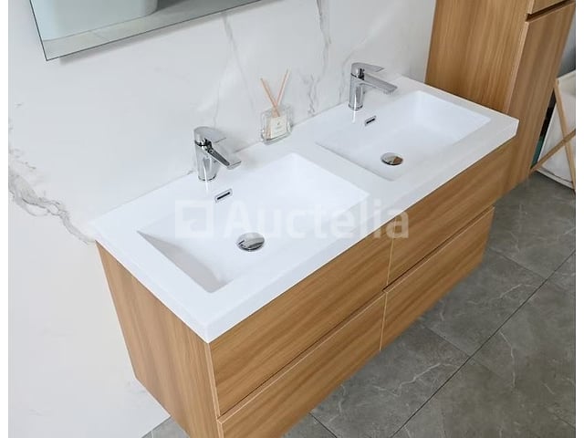 Badkamermeubel 120 cm - Licht hout decor + witte dubbele wasbak - Incl. kranen – foto 6 – kavel bij Auctelia, Tholen