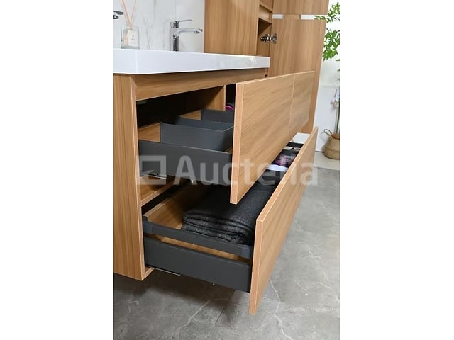 Badkamermeubel 120 cm - Licht hout decor + witte dubbele wasbak - Incl. kranen – foto 8 – kavel bij Auctelia, Tholen