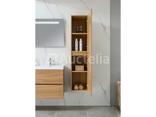Badkamermeubel 120 cm - Licht hout decor + witte dubbele wasbak - Incl. kranen – foto 7 – kavel bij Auctelia, Tholen