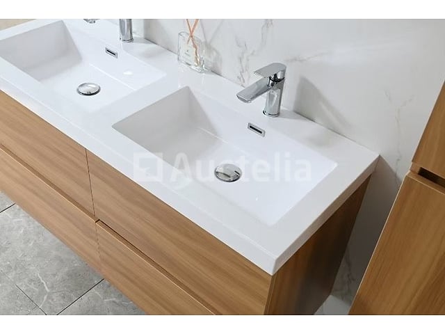 Badkamermeubel 120 cm - Licht hout decor + witte dubbele wasbak - Incl. kranen – foto 4 – kavel bij Auctelia, Tholen