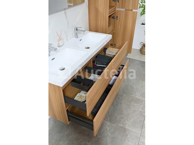 Badkamermeubel 120 cm - Licht hout decor + witte dubbele wasbak - Incl. kranen – foto 5 – kavel bij Auctelia, Tholen