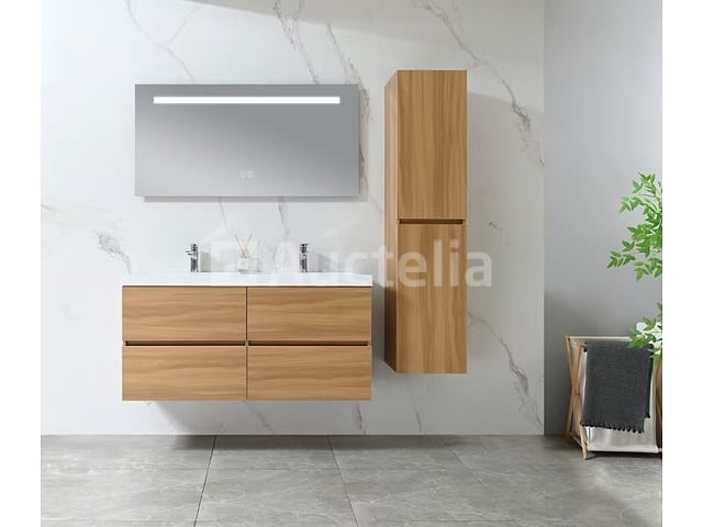 Badkamermeubel 120 cm - Licht hout decor + witte dubbele wasbak - Incl. kranen – foto 2 – kavel bij Auctelia, Tholen