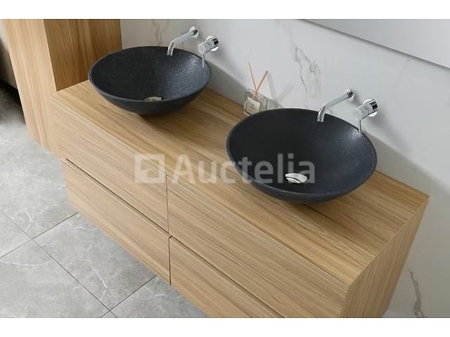 Badkamermeubel 130 cm - Licht hout decor + zwarte waskommen - Incl. muurkranen – foto 6 – kavel bij Auctelia, Tholen