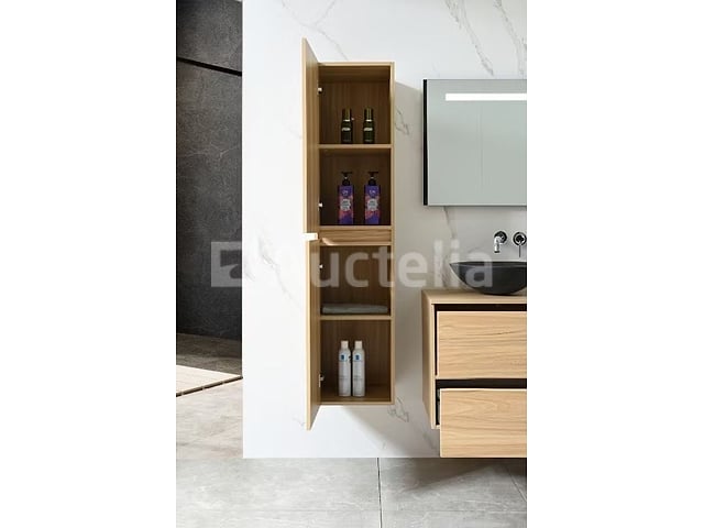 Badkamermeubel 130 cm - Licht hout decor + zwarte waskommen - Incl. muurkranen – foto 8 – kavel bij Auctelia, Tholen