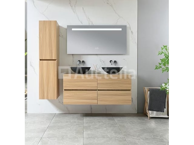 Badkamermeubel 130 cm - Licht hout decor + zwarte waskommen - Incl. muurkranen – foto 2 – kavel bij Auctelia, Tholen