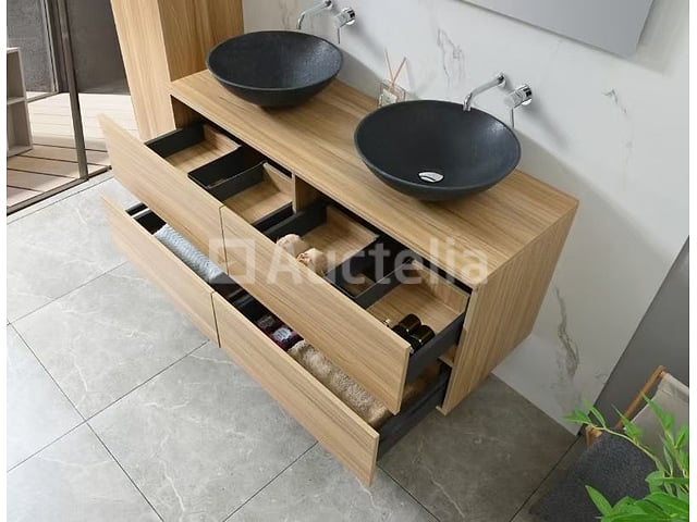 Badkamermeubel 130 cm - Licht hout decor + zwarte waskommen - Incl. muurkranen – foto 5 – kavel bij Auctelia, Tholen