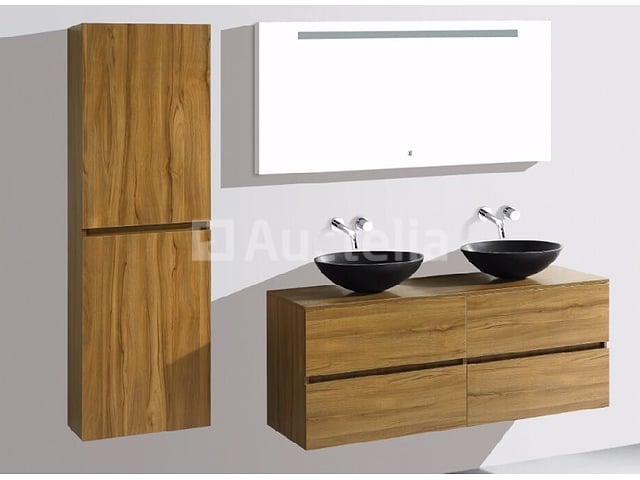Badkamermeubel 130 cm - Licht hout decor + zwarte waskommen - Incl. muurkranen – foto 3 – kavel bij Auctelia, Tholen
