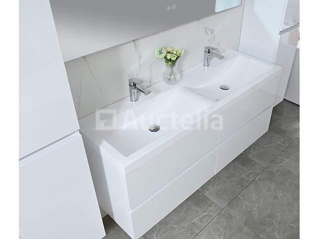 Badkamermeubel 145 cm - Hoogglans wit + witte dubbele wasbak - Incl. kranen – foto 5 – kavel bij Auctelia, Tholen