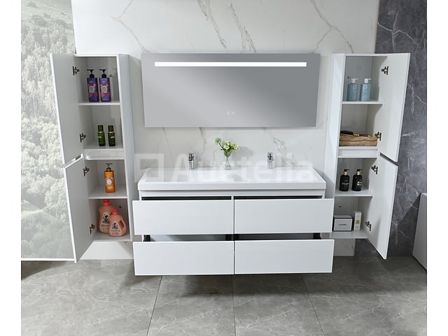 Badkamermeubel 145 cm - Hoogglans wit + witte dubbele wasbak - Incl. kranen – foto 8 – kavel bij Auctelia, Tholen