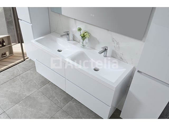 Badkamermeubel 145 cm - Hoogglans wit + witte dubbele wasbak - Incl. kranen – foto 3 – kavel bij Auctelia, Tholen