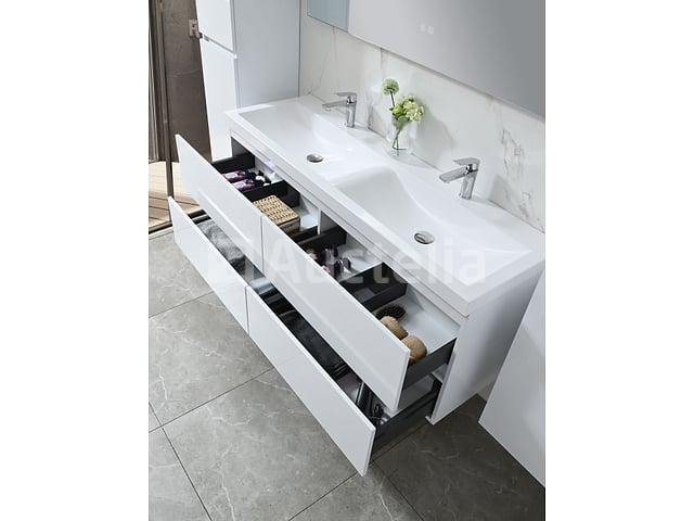 Badkamermeubel 145 cm - Hoogglans wit + witte dubbele wasbak - Incl. kranen – foto 4 – kavel bij Auctelia, Tholen