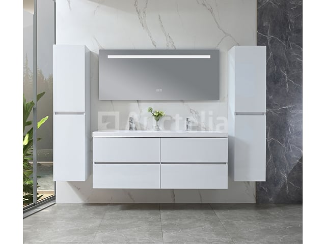 Badkamermeubel 145 cm - Hoogglans wit + witte dubbele wasbak - Incl. kranen – foto 2 – kavel bij Auctelia, Tholen