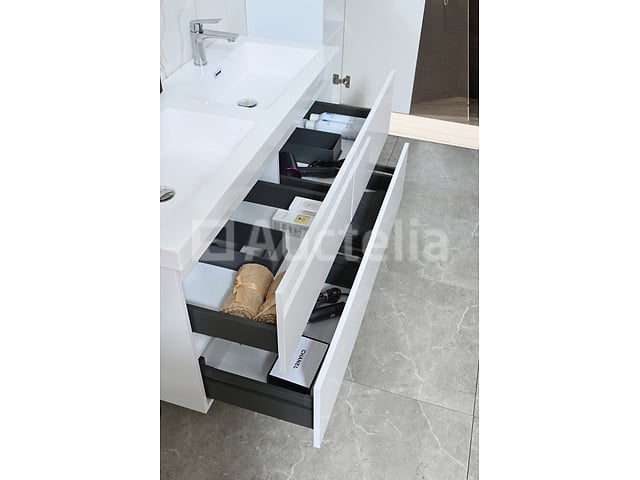 Badkamermeubel 145 cm - Hoogglans wit + witte dubbele wasbak - Incl. kranen – foto 6 – kavel bij Auctelia, Tholen