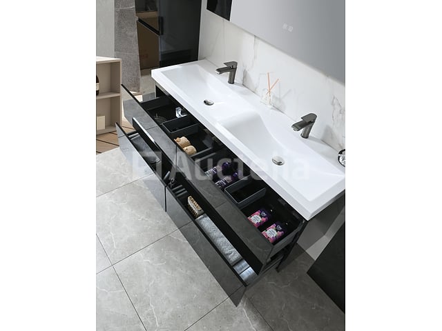 Badkamermeubel 145 cm - Hoogglans zwart + witte dubbele wasbak - Incl. kranen – foto 4 – kavel bij Auctelia, Tholen
