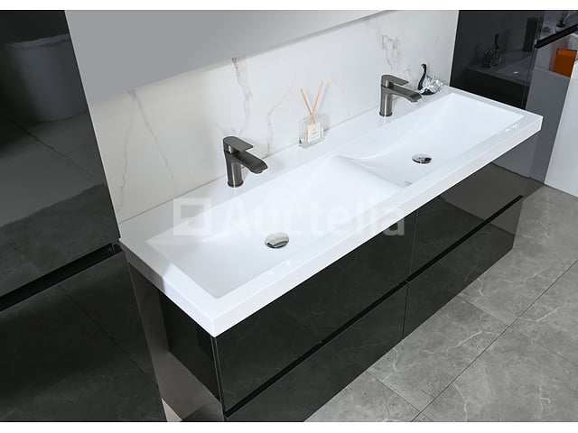 Badkamermeubel 145 cm - Hoogglans zwart + witte dubbele wasbak - Incl. kranen – foto 5 – kavel bij Auctelia, Tholen