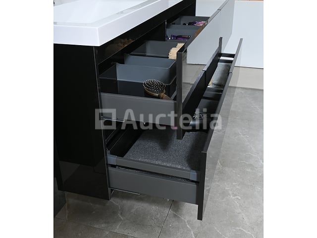 Badkamermeubel 145 cm - Hoogglans zwart + witte dubbele wasbak - Incl. kranen – foto 7 – kavel bij Auctelia, Tholen