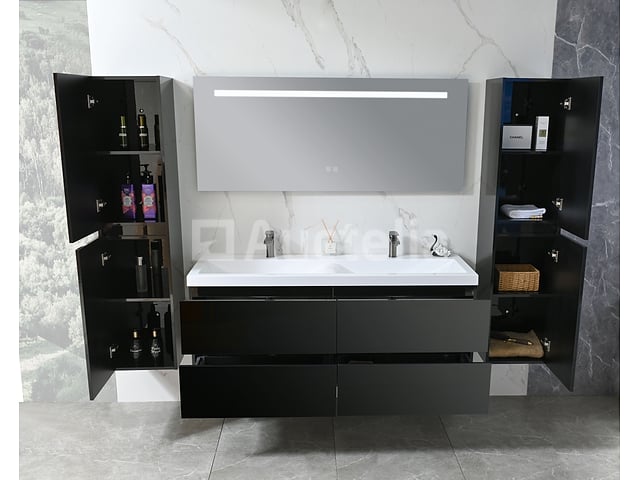 Badkamermeubel 145 cm - Hoogglans zwart + witte dubbele wasbak - Incl. kranen – foto 6 – kavel bij Auctelia, Tholen