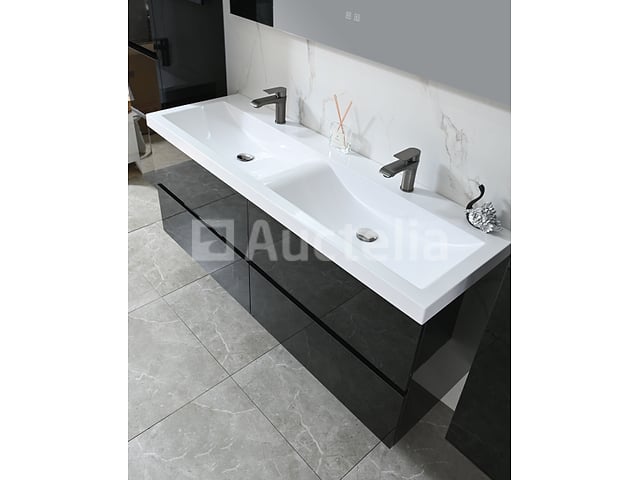 Badkamermeubel 145 cm - Hoogglans zwart + witte dubbele wasbak - Incl. kranen – foto 3 – kavel bij Auctelia, Tholen