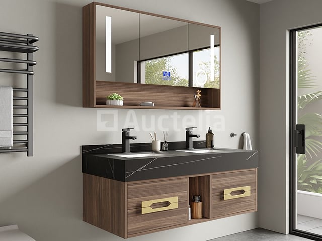 Badkamermeubel 2-persoons - 120 cm - Hout decor met zwarte wasbak - Incl. kranen – foto 2 – kavel bij Auctelia, Tholen