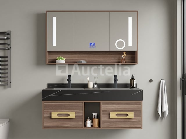 Badkamermeubel 2-persoons - 120 cm - Hout decor met zwarte wasbak - Incl. kranen – kavel bij Auctelia, Tholen