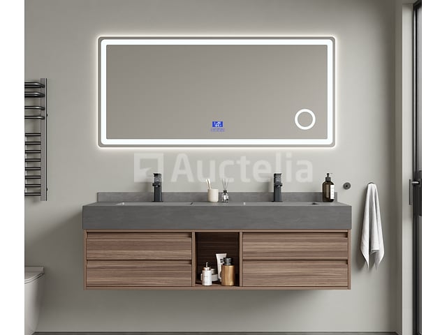 Badkamermeubel 2-persoons - 150 cm - Hout decor met grijze wasbak - Incl. kranen – foto 2 – kavel bij Auctelia, Tholen
