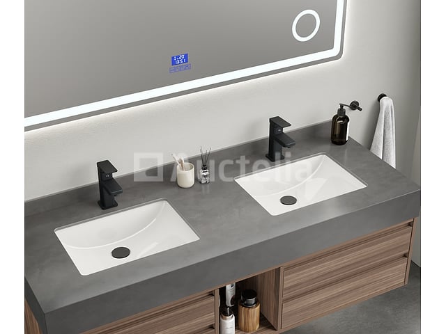 Badkamermeubel 2-persoons - 150 cm - Hout decor met grijze wasbak - Incl. kranen – foto 4 – kavel bij Auctelia, Tholen