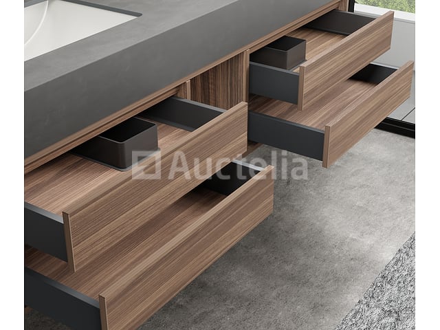 Badkamermeubel 2-persoons - 150 cm - Hout decor met grijze wasbak - Incl. muurkranen – foto 4 – kavel bij Auctelia, Tholen