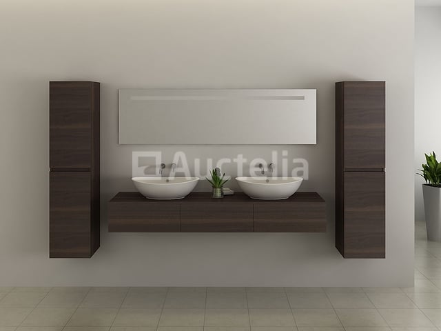 Badkamermeubel BAVENO | 180 cm | Met zijkasten | Donker hout decor met 2 zwarte waskommen | Incl. kranen – foto 7 – kavel bij Auctelia, Tholen