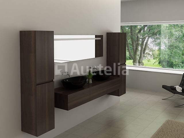 Badkamermeubel BAVENO | 180 cm | Met zijkasten | Donker hout decor met 2 zwarte waskommen | Incl. kranen – kavel bij Auctelia, Tholen