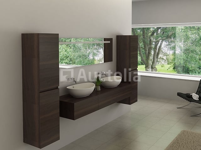 Badkamermeubel BAVENO | 180 cm | Met zijkasten | Donker hout decor met 2 zwarte waskommen | Incl. kranen – foto 6 – kavel bij Auctelia, Tholen