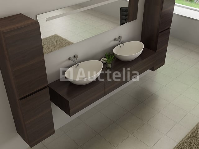 Badkamermeubel BAVENO | 180 cm | Met zijkasten | Donker hout decor met 2 zwarte waskommen | Incl. kranen – foto 8 – kavel bij Auctelia, Tholen