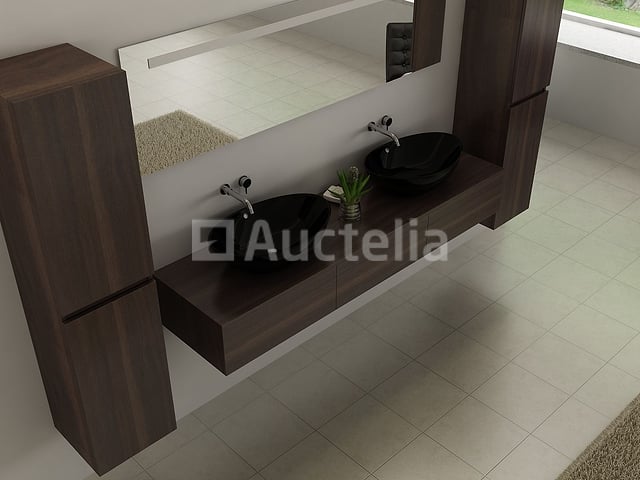 Badkamermeubel BAVENO | 180 cm | Met zijkasten | Donker hout decor met 2 zwarte waskommen | Incl. kranen – foto 2 – kavel bij Auctelia, Tholen