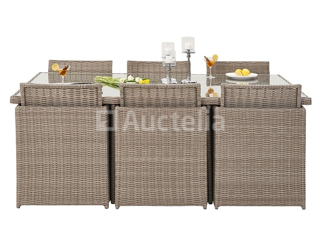 Diningset 11 delig - beige wicker + antraciete kussens - stoelen + eettafel 200x125 cm – foto 8 – kavel bij Auctelia, Tholen