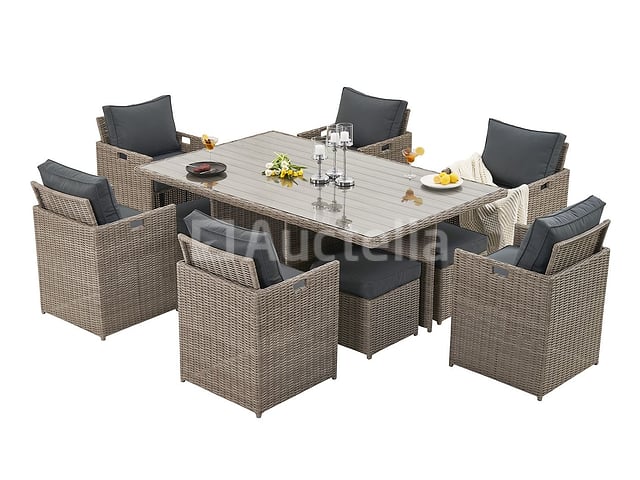 Diningset 11 delig - beige wicker + antraciete kussens - stoelen + eettafel 200x125 cm – foto 2 – kavel bij Auctelia, Tholen