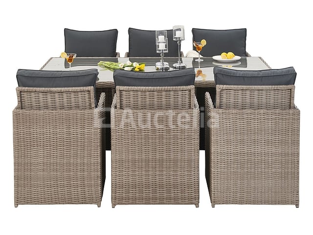 Diningset 11 delig - beige wicker + antraciete kussens - stoelen + eettafel 200x125 cm – foto 5 – kavel bij Auctelia, Tholen