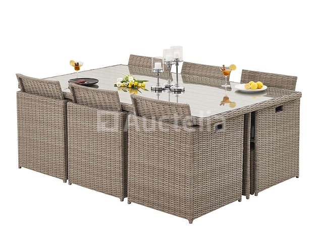 Diningset 11 delig - beige wicker + antraciete kussens - stoelen + eettafel 200x125 cm – foto 7 – kavel bij Auctelia, Tholen